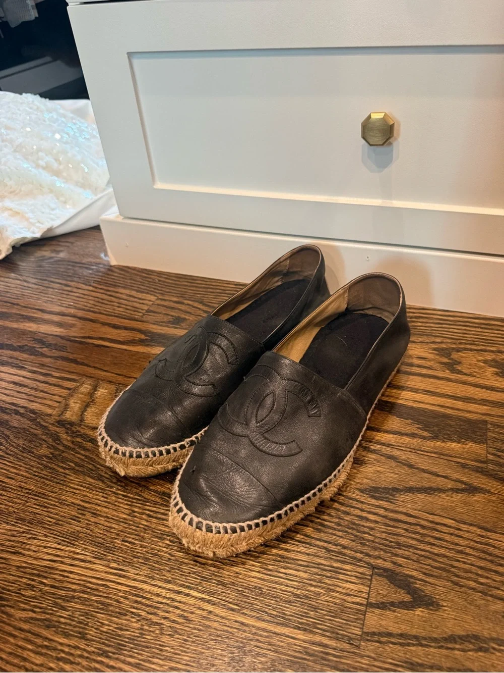 CHANEL Black Leather Espadrilles with Interlocking CC